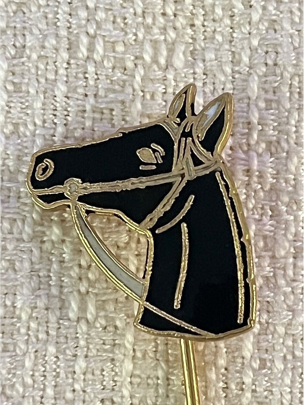 Vintage Black Enamel Horse Head Stick Pin with Bridle, Gold-Tone